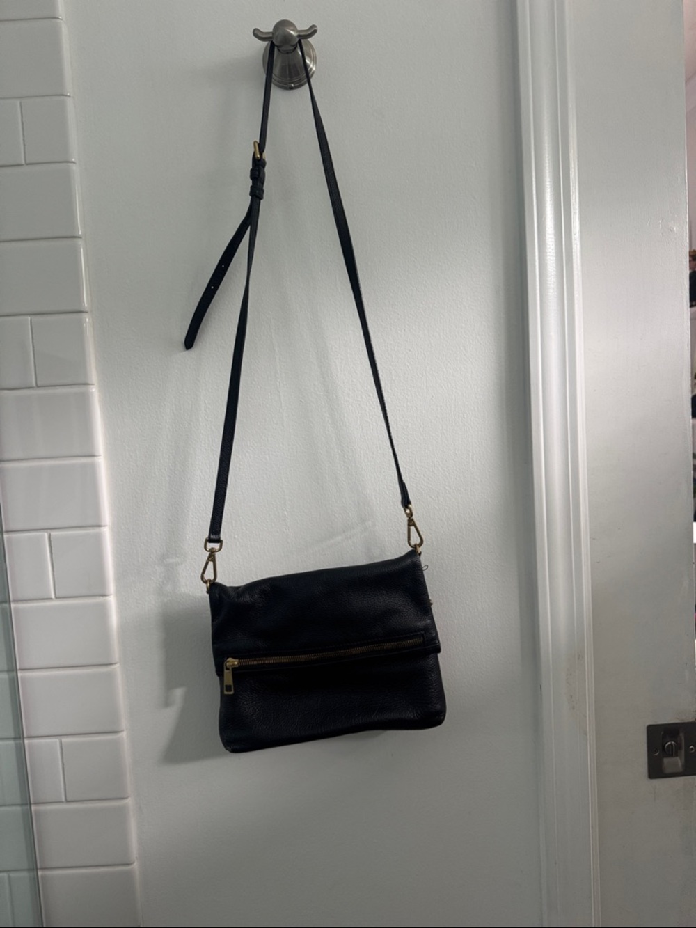 Quince Black Leather Crossbody Bag with Gold Hardware
